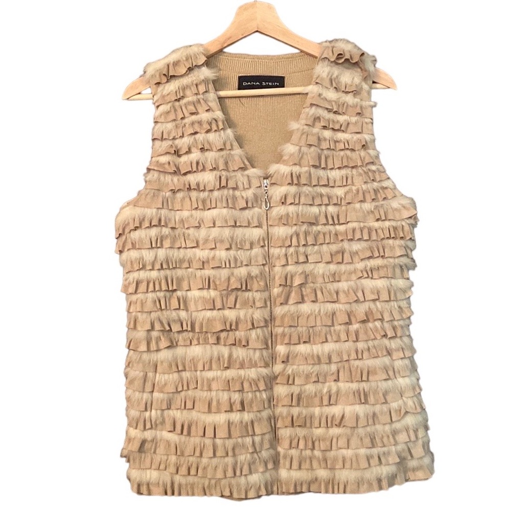 Dana Stein rabbit animal fur vest super soft zip up crochet knit sweater vest